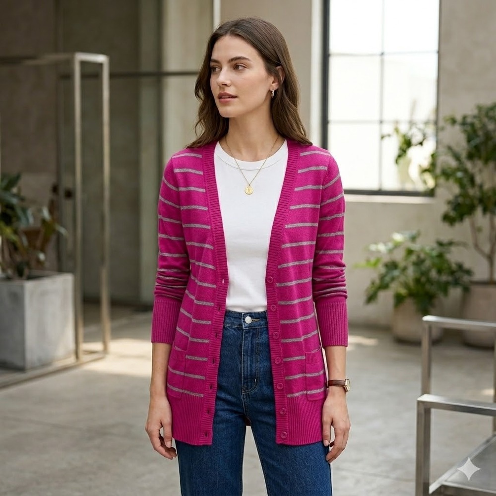 Mossimo Supply Co Cardigan Womens Medium Pink Gray Striped V-Neck Button Front
